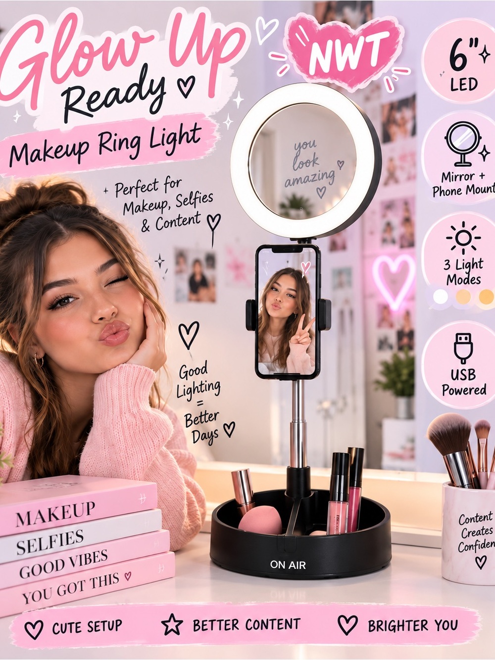 Makeup Ring Light with Mirror & Phone Mount NWT
Makeup Selfies, Videos & LED